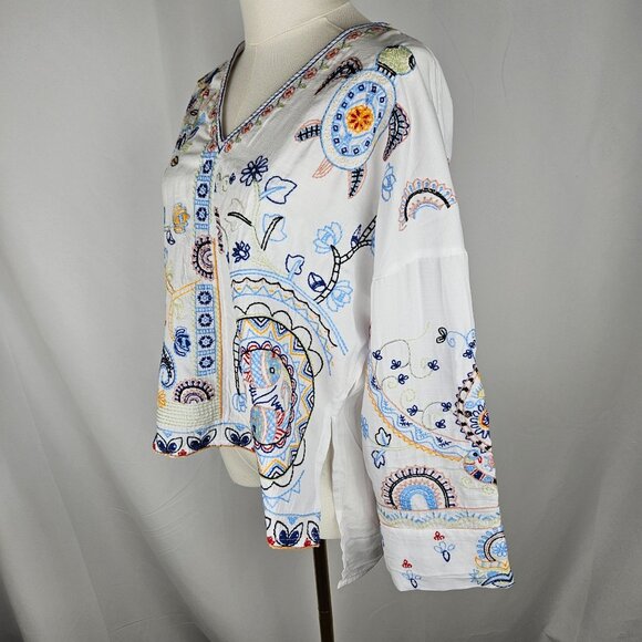 Liv Los Angeles Top Large White Embroidered Boho Floral Turtles Birds - Picture 6 of 12